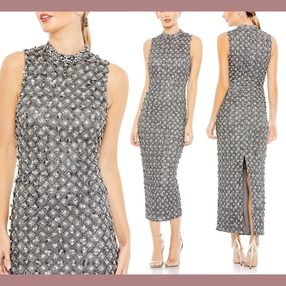 NWT Mac Duggal [ 8 ] 10780 Embellished High Neck Sleeveless Column Dress Charcoa